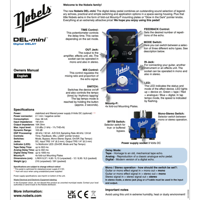 Nobels DEL-mini Compact Stereo Delay Pedal